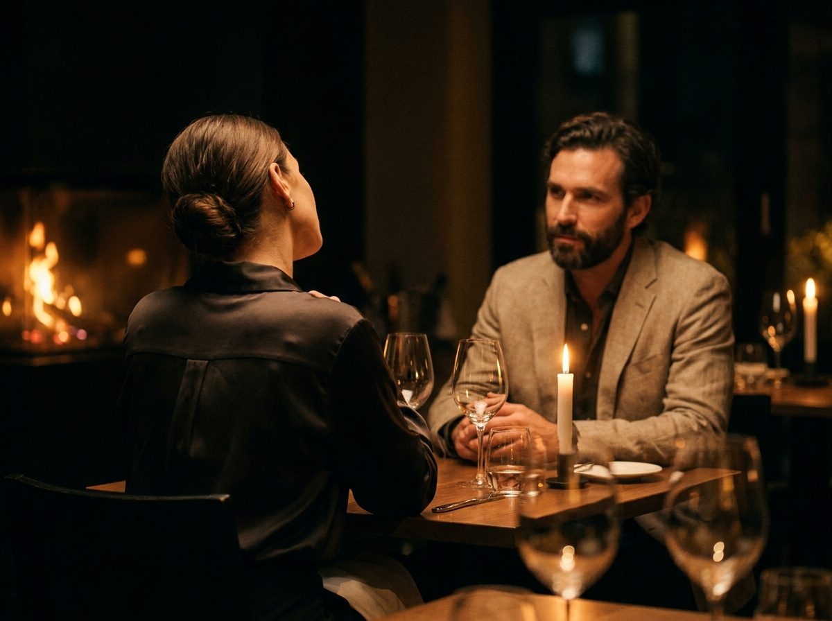 Una pareja conversa sentada a la mesa de un restaurante elegante, con velas y una chimenea.