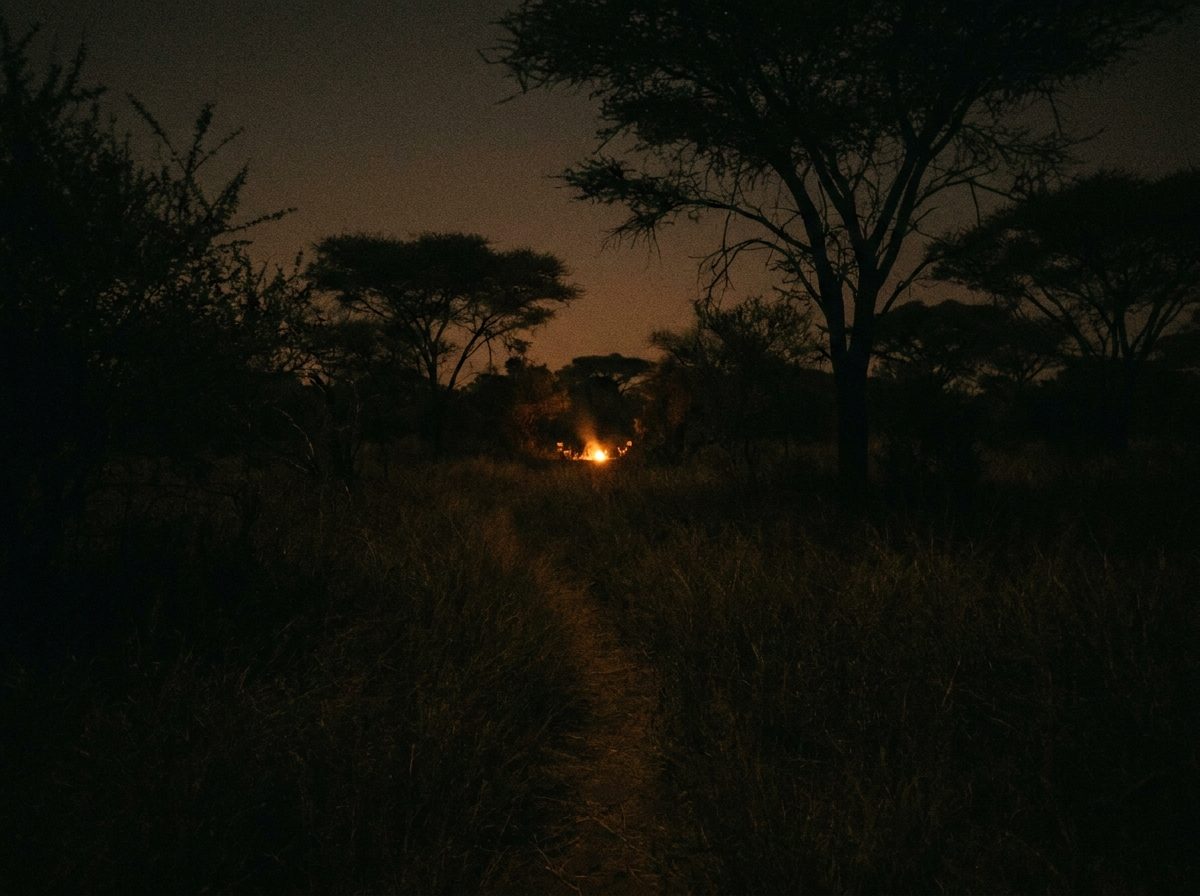 Un sendero de tierra atraviesa la sabana nocturna hacia una hoguera que arde a lo lejos entre los árboles.